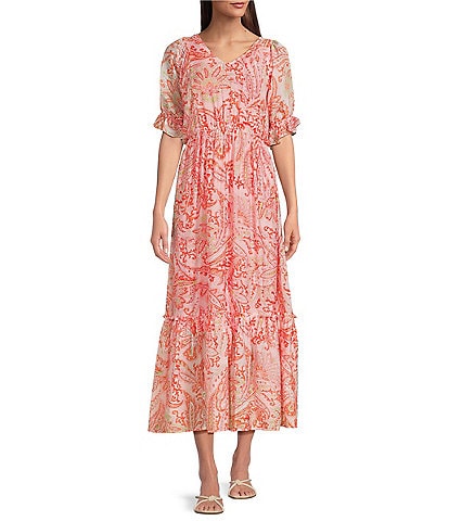 Calessa Petite Size Paisley V-Neck 3/4 Bishop Sleeve Tiered Midi Dress