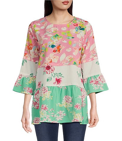 Calessa Petite Size Patchwork Floral Print Jewel Neck 3/4 Sleeve Tiered Tunic