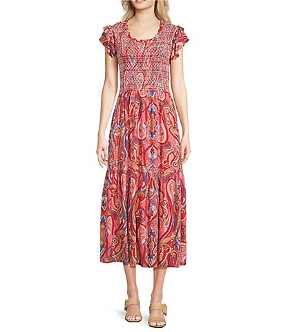 Calessa Petite Size Printed Scoop Neck Short Ruffle Sleeve Dress