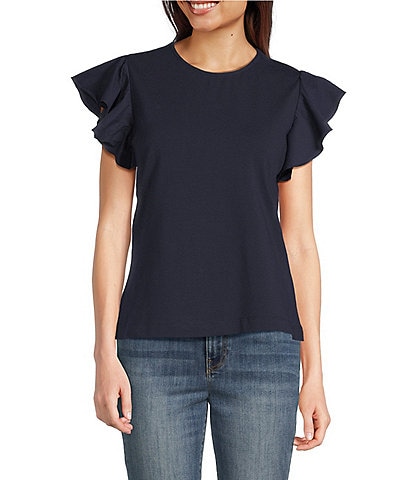 Calessa Petite Size Round Neck Ruffled Short Sleeve Knit Top