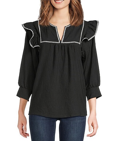 Calessa Petite Size Ruffle Shoulder Contrast Stitching Split V- Neck 3/4 Sleeve Tunic