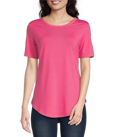 Calessa Petite Size Solid Matte Jersey Jewel Neck Short Sleeve Fitted Top