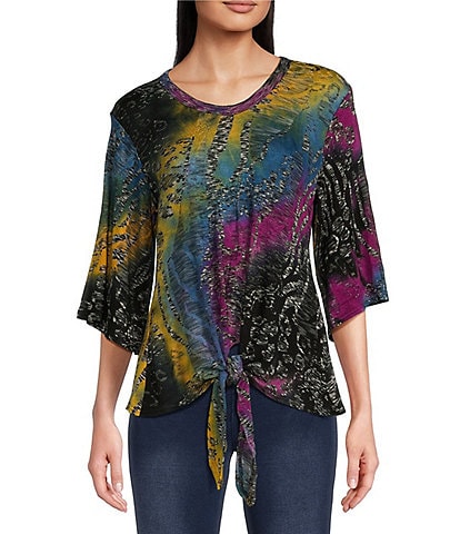 Calessa Petite Size Stretch Space Tie Dye V-Neckline 3/4 Sleeve Knit Top