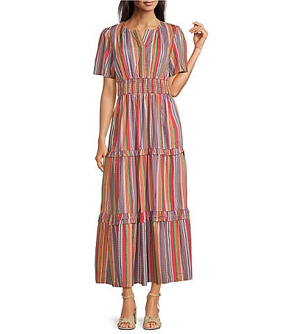 Calessa Petite Size Stripe Round Split Neck Short Sleeve Dress