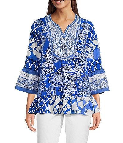 Calessa Petite Size Summer Paisley Split V-Neck Embroidered Tunic