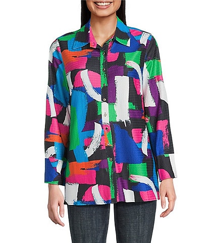 Calessa Petite Size Textured Knit Geometric Multicolor Point Collar Long Sleeve Button Front Tunic