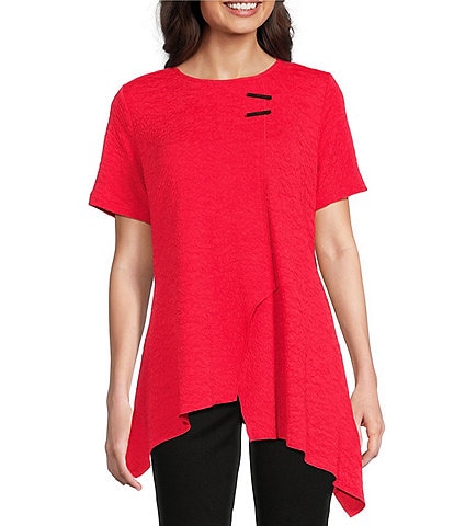 Calessa Petite Size Textured Knit Scoop Neck Short Sleeve Asymmetric Hem Tunic