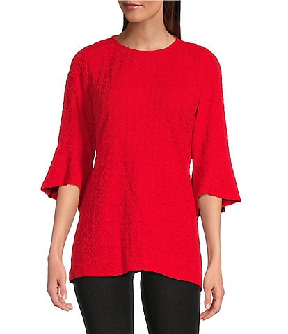 Calessa Petite Size Textured Puckered Knit Crew Neck 3/4 Sleeve Tunic