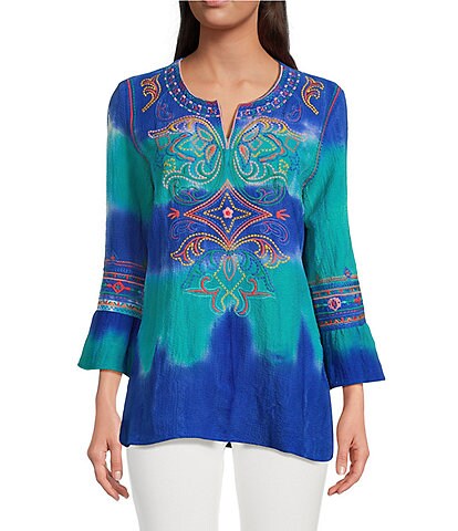 Calessa Petite Size Tie Dye Embroidered Split Round Neck 3/4 Bell Sleeve Tunic