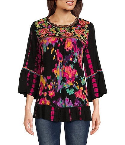 Calessa Petite Size Tie-Dye Woven Embroidered Detail Patchwork Print 3/4 Sleeve Tunic