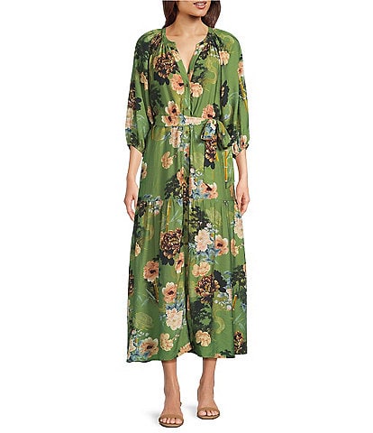 Calessa Petite Size V-Neck Wrist Elasticated 3/4 Sleeve Tiered Floral Printed A-Line Midi Dress