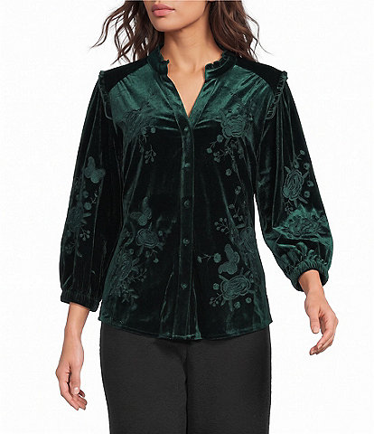 Calessa Petite Size Velvet Tonal Embroidery Ruffle Split V-Neck 3/4 Sleeve Button Front Tunic