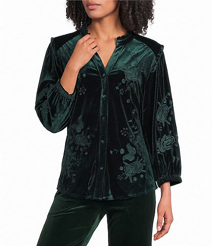 Calessa Petite Size Velvet Tonal Embroidery Ruffle Split V-Neck 3/4 Sleeve Button Front Tunic