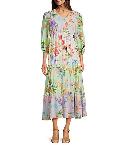 Calessa Petite Size Vintage Floral V-Neck Wrist Sleeve Tiered Midi Dress