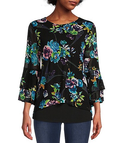 Calessa Petite Size Watercolor Floral Print 3/4 Sleeve Double Layered Tunic