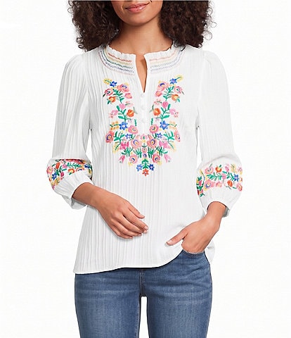 Calessa Petite Size Woven Embroidered Patchwork Stand Split V-Neck 3/4 Sleeve Tunic