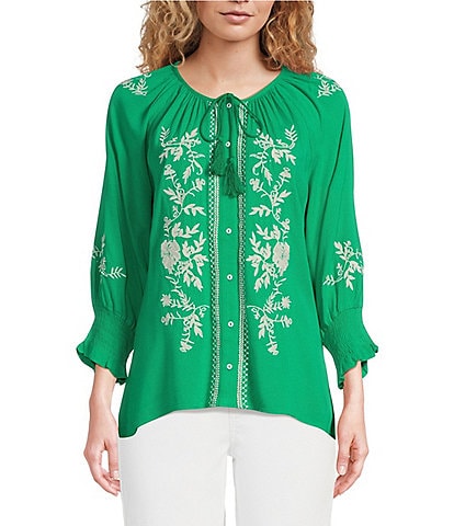 Calessa Petite Size Woven Embroidered Split Round Neck 3/4 Sleeve Straight Hem Button Front Blouse