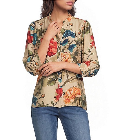 Calessa Petite Size Woven Floral Split V-Neck 3/4 Sleeve Button Front Blouse