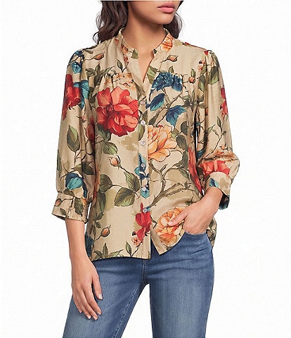 Calessa Petite Size Woven Floral Split V-Neck 3/4 Sleeve Button Front Coordinating Blouse