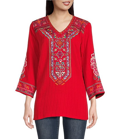 Calessa Petite Size Woven Textured Printed V-Neck 3/4 Sleeve Embroidered Woven Tunic