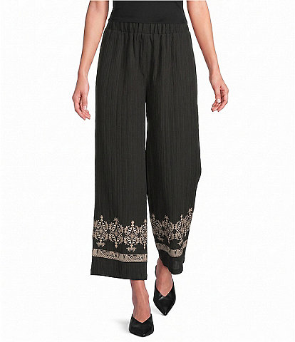 Calessa Petite Size Woven Wide Leg Embroidered Hem Pull-On Pants