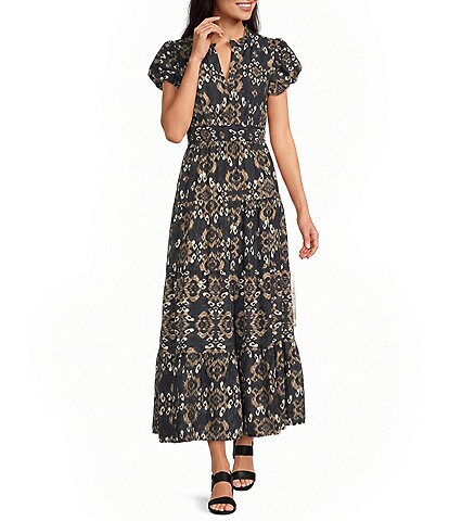 Calessa Petite Woven Split V-Neck Puff Sleeve A-Line Maxi Dress