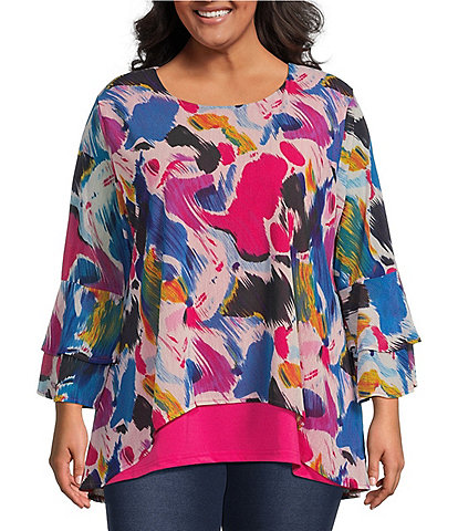 Calessa Plus Size Abstract Brushstroke Print Mesh Knit Scoop Neck 3/4 Ruffle Sleeve Hi-Low Overlay Tunic