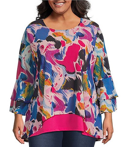 Calessa Plus Size Abstract Brushstroke Print Mesh Knit Scoop Neck 3/4 Ruffle Sleeve Hi-Low Overlay Tunic