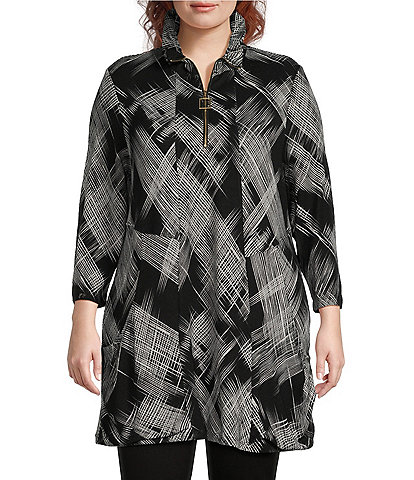 Calessa Plus Size Abstract Brushstroke Print Ruffled Wire Collar 3/4 Sleeve Quarter Zip Velvet Knit Tunic