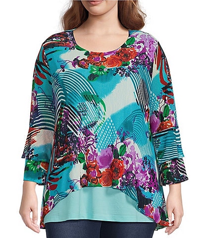 Calessa Plus Size Abstract Floral Print Mesh Knit Scoop Neck 3/4 Sleeve Hi-Low Overlay Tunic