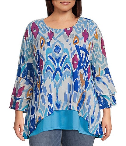 Calessa Plus Size Abstract Foulard Print Mesh Knit Scoop Neck Wrist Length Sleeve Hi-Low Overlay Tunic