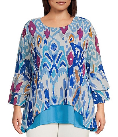 Calessa Plus Size Abstract Foulard Print Mesh Knit Scoop Neck Wrist Length Sleeve Hi-Low Overlay Tunic