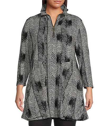 Calessa Plus Size Abstract Herringbone Print Wire Collar Zipper Neck 3/4 Sleeve Front Pocket Knit Tunic