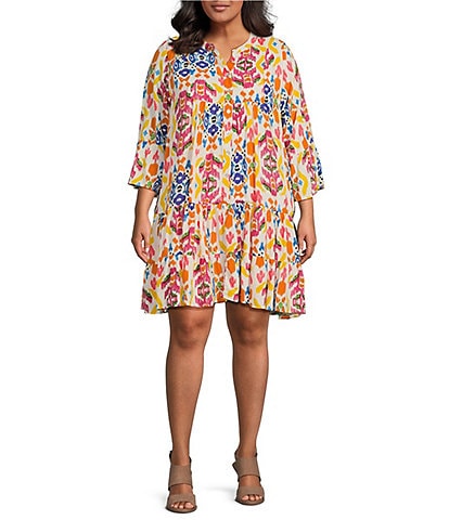 Calessa Plus Size Abstract Ikat Print Cotton Split V Neck 3/4 Bell Sleeve Ruffle Tiered Hem Button-Front Dress