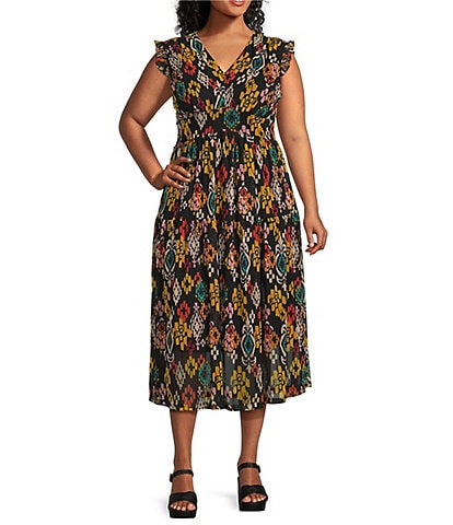 Calessa Plus Size Abstract Ikat Print Plunge V-Neck Cap Flutter Sleeve Smocked Tiered Dress