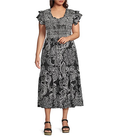 Calessa Plus Size Abstract Paisley Scoop Neck Ruffle Cap Sleeve Midi Dress