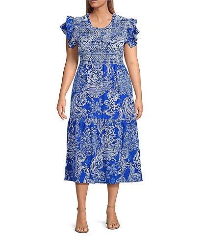 Calessa Plus Size Abstract Paisley Scoop Neck Short Sleeve Tiered Smocked Ruffle Midi Dress