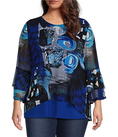Calessa Plus Size Abstract Print Double Mesh Knit Jewel Neck 3/4 Sleeve High Low Hem Tunic