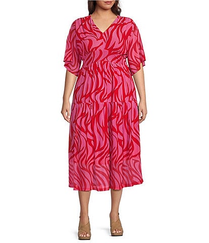 Calessa Plus Size Abstract Print V-Neck Short Sleeve Dress