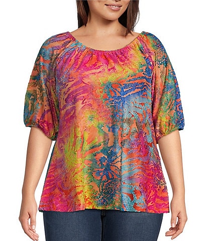 Calessa Plus Size Abstract Tie Dye Burnout Knit Scoop Neck Puff Elbow Sleeve Tunic
