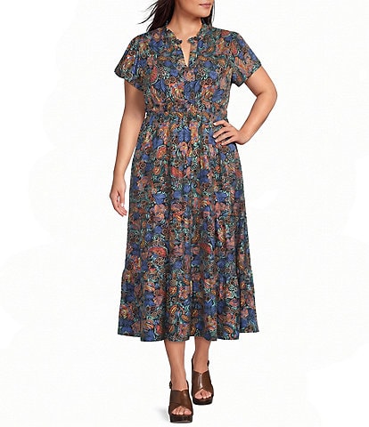 Calessa Plus Size All Over Embroidery Split V-Neck Cap Sleeve A-Line Midi Dress