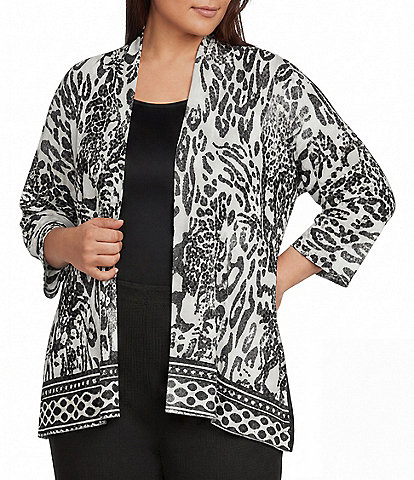  Plus Size Animal Burnout Tie-Dye Draped Open Front Wrist Length Sleeve Cardigan