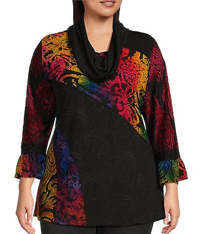 Calessa Plus Size Asymmetric Tie-Dye Patchwork Print 3/4 Bell Cuff Sleeve Removable Scarf Collar Burnout Tunic