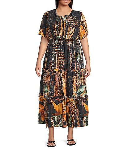 Calessa Plus Size Autumn Floral V-Neck Cap Flutter Sleeves Tiered Smocked Belt Midi Dress