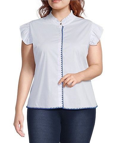 Calessa Plus Size Banded Collar Ruffle Cap Sleeve Embroidered Contrast Trim Top