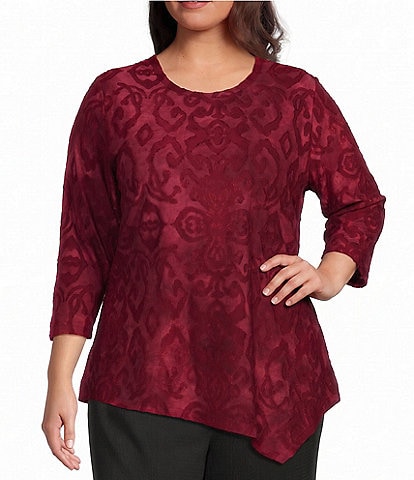 Calessa Plus Size Burnout Crew Neck 3/4 Sleeve Asymmetric Hem Tunic