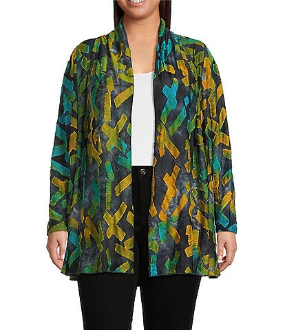 Calessa Plus Size Burnout Knit Tie-Dye Long Sleeve Open-Front Cardigan