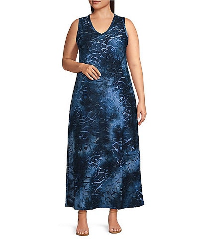 Calessa Plus Size Burnout Knit Tie-Dye Print V-Neck Sleeveless Maxi Dress