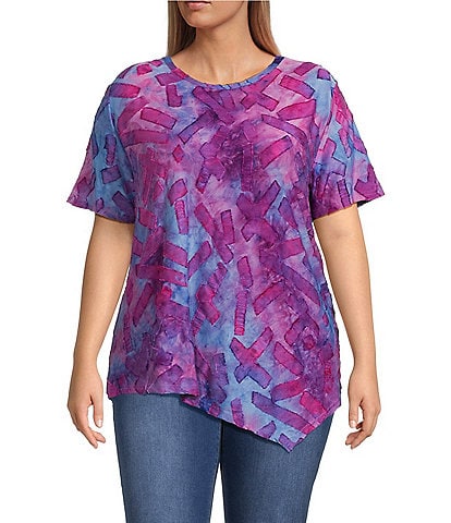Calessa Plus Size Burnout Knit Tie-Dye Round Neck Short Sleeve Asymmetric Hem Tunic