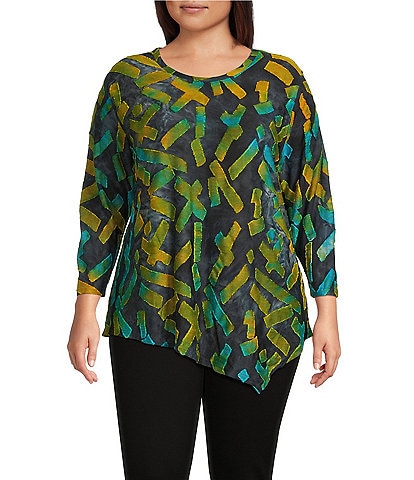 Calessa Plus Size Burnout Tie-Dye Crew Neck Long Sleeve Asymmetric Tunic